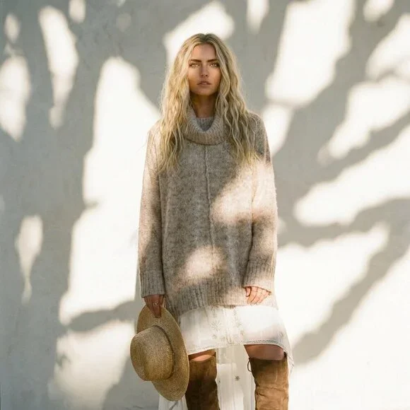 KAISLEY Scandi Neutral Heathered Cowl Turtleneck Boho Oversized Sweater Sz S - Picture 2 of 12